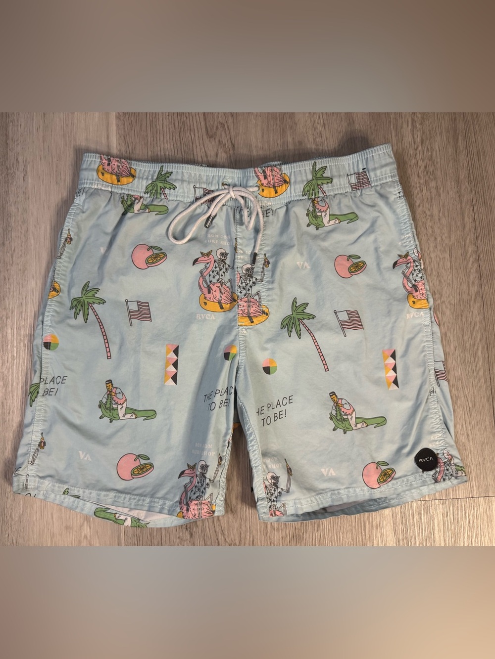RVCA Ron Jon Surf Shop The Place To Be Blue Swim Shorts Trunks Medium